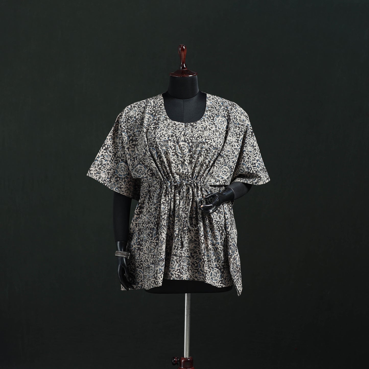 Gray - Kalamkari Hand Block Print Natural Dyed Cotton Kaftan (Short) 24