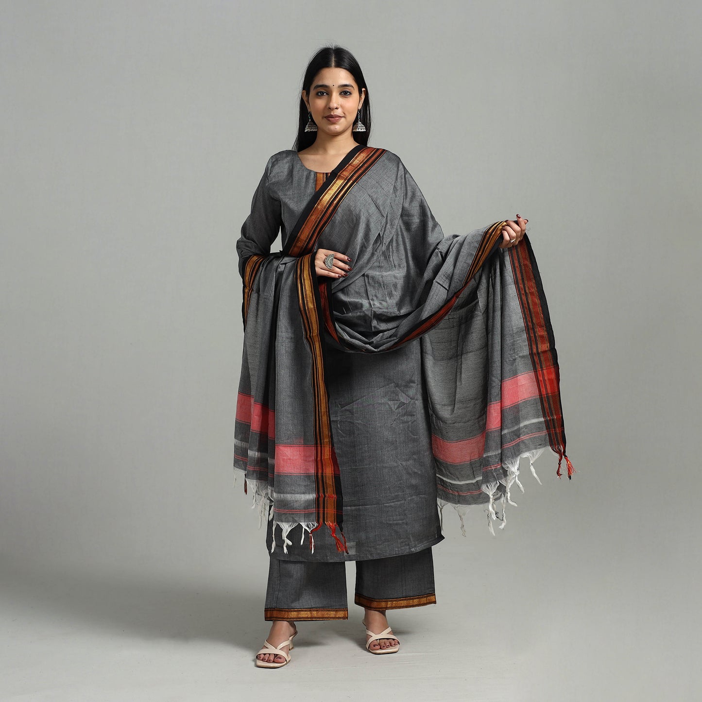 Buy Cotton Grey Dharwad Kurta Set with Palazzo & Dupatta