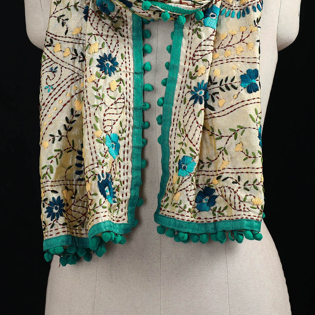 Ranihati Chanderi Silk Hand Embroidered Stole with Pom Pom 197