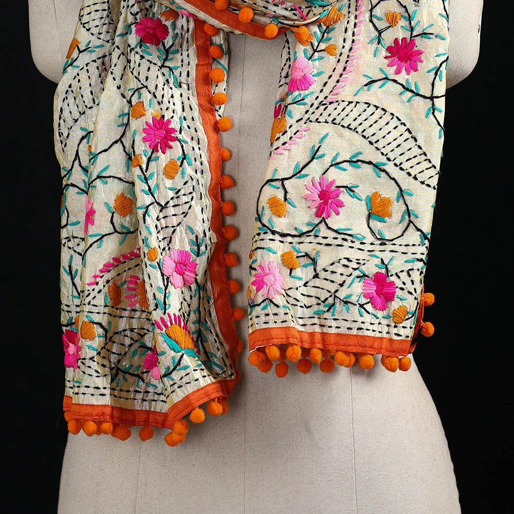 Beige - Ranihati Chanderi Silk Hand Embroidered Stole with Pom Pom 198