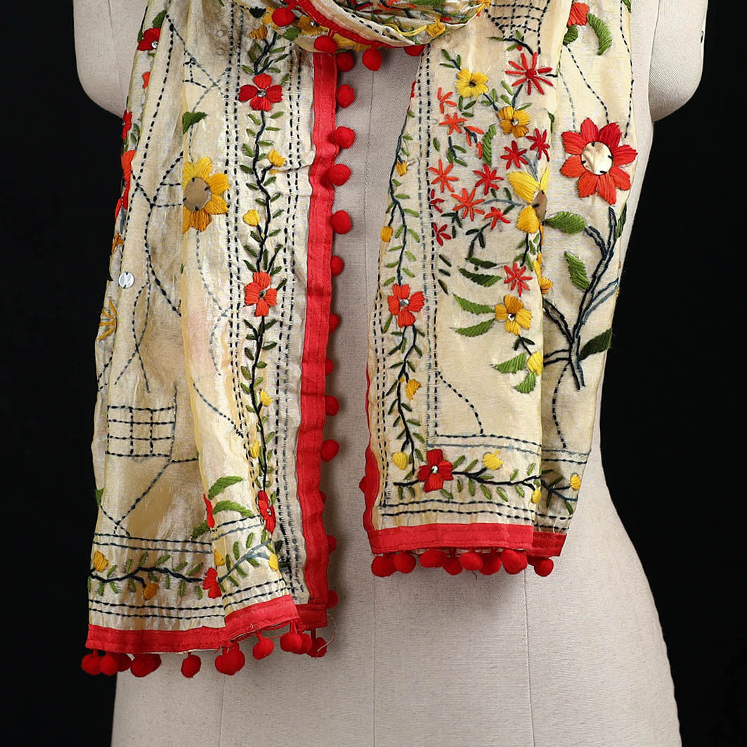 Ranihati Chanderi Silk Hand Embroidered Stole with Pom Pom 200