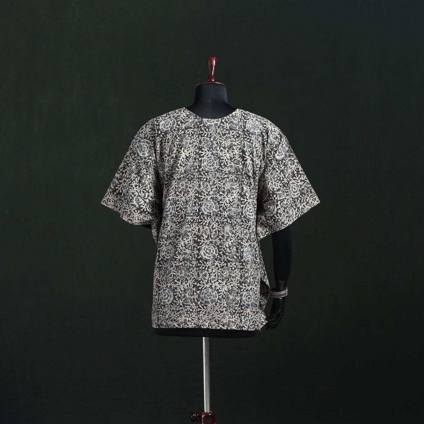 Gray - Kalamkari Hand Block Print Natural Dyed Cotton Kaftan (Short) 24
