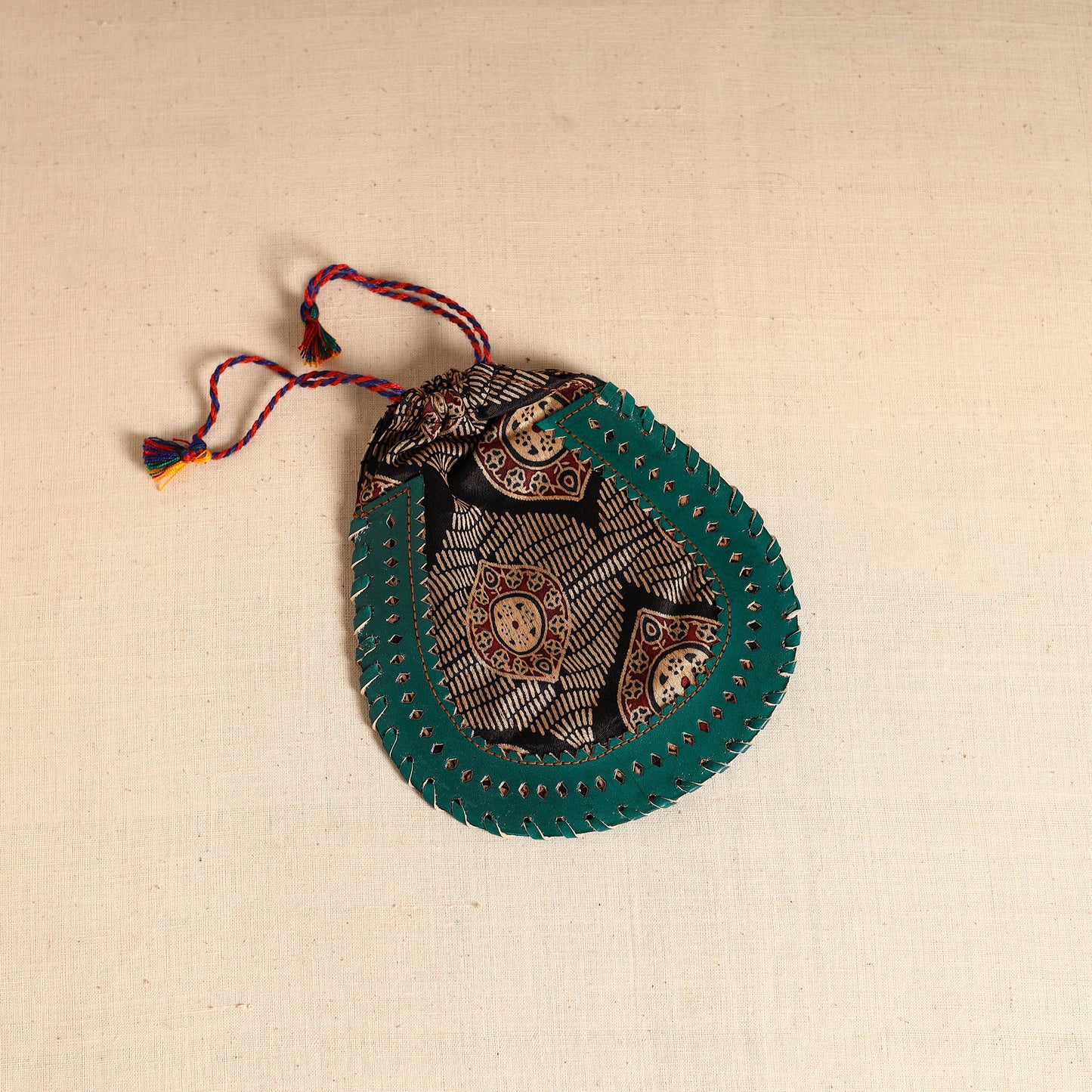 Traditional Kutch Mashru Silk Leather Drawstring Coin Potli 06