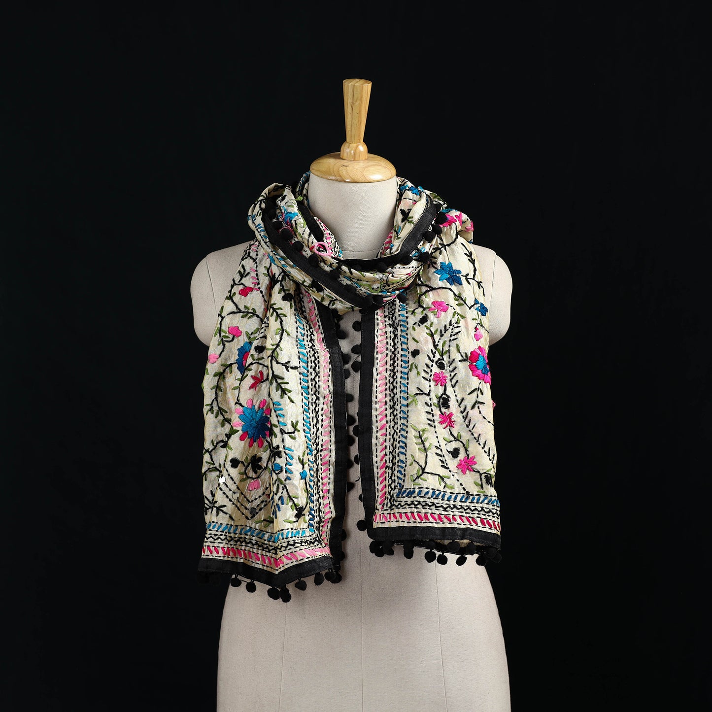 Ranihati Chanderi Silk Hand Embroidered Stole with Pom Pom 202