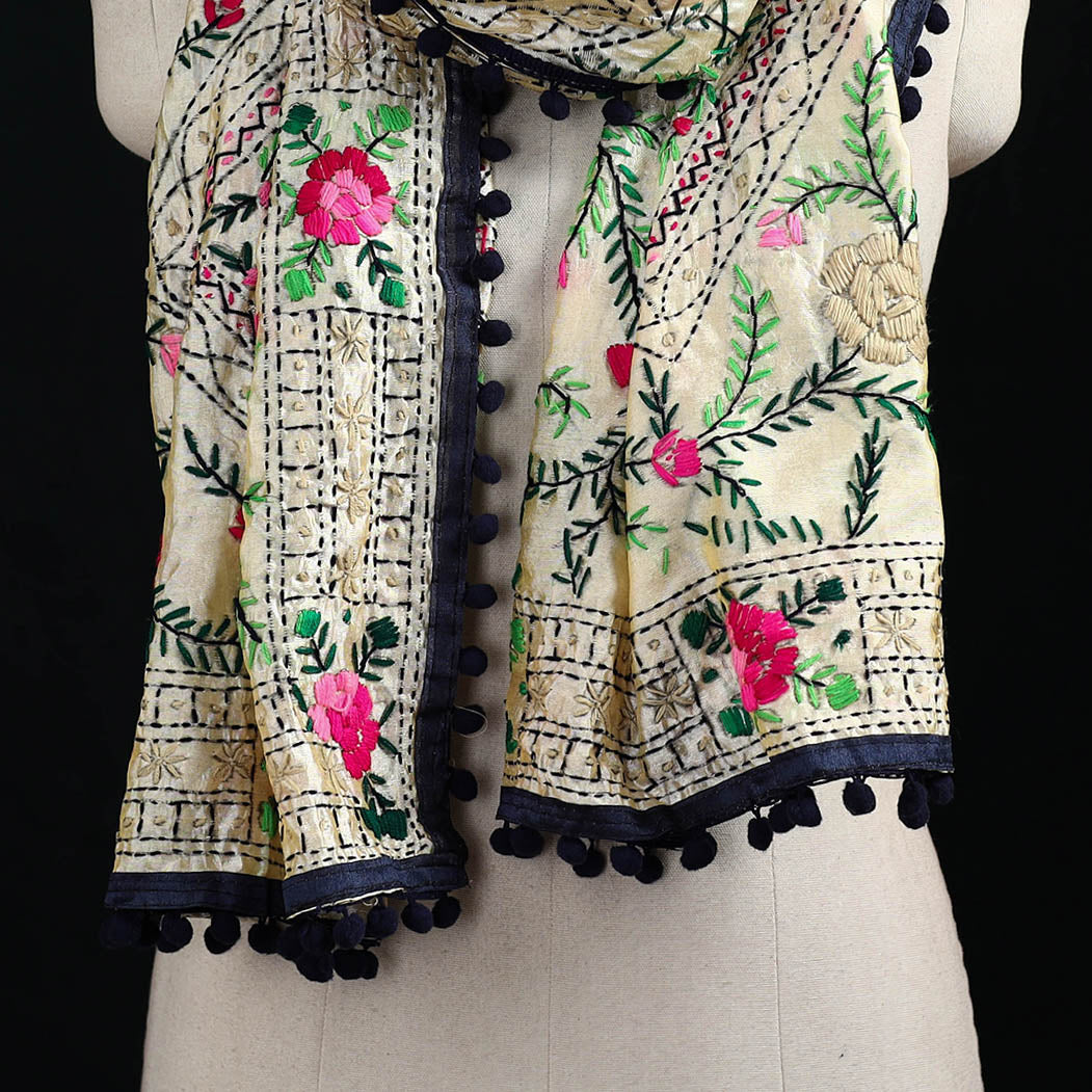 Ranihati Chanderi Silk Hand Embroidered Stole with Pom Pom 203