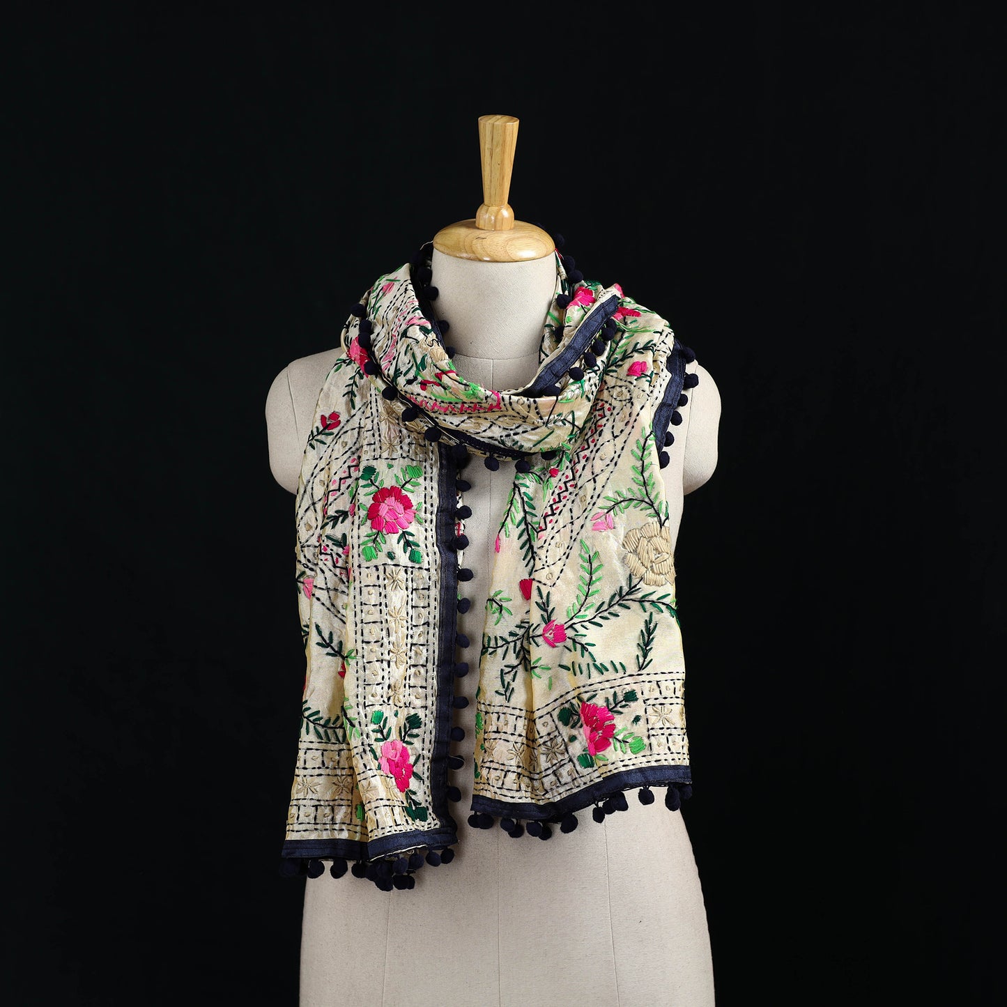 Ranihati Chanderi Silk Hand Embroidered Stole with Pom Pom 203