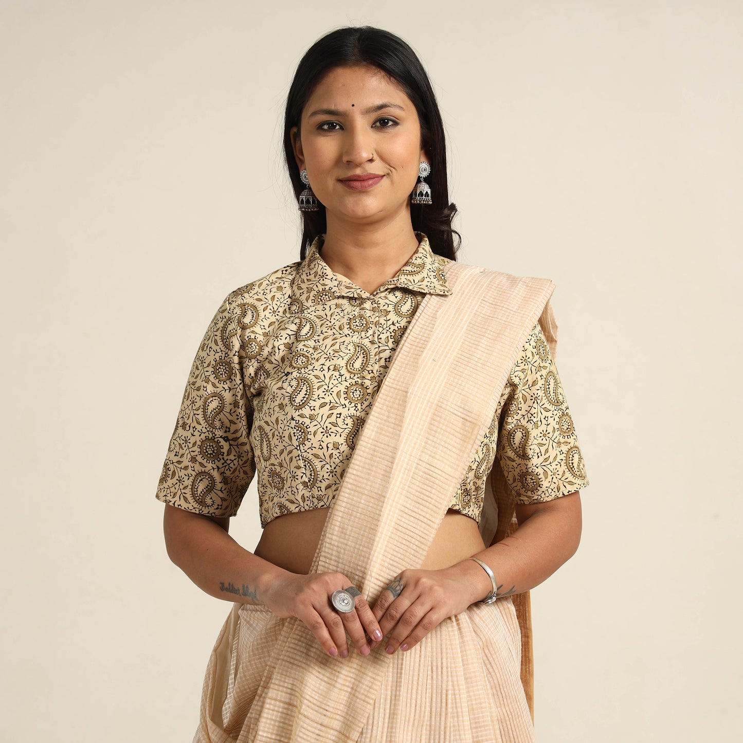 Beige - Pedana Kalamkari Block Printed Cotton Stitched Blouse 22
