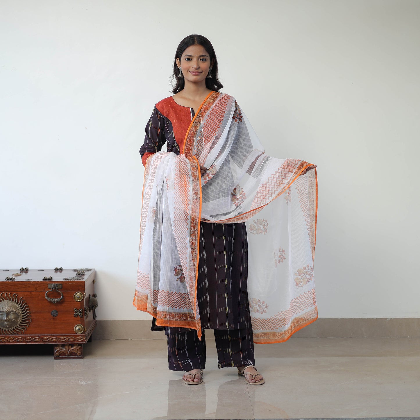 Black Handloom Cotton Pochampally Ikat Kurta Set with Dupatta