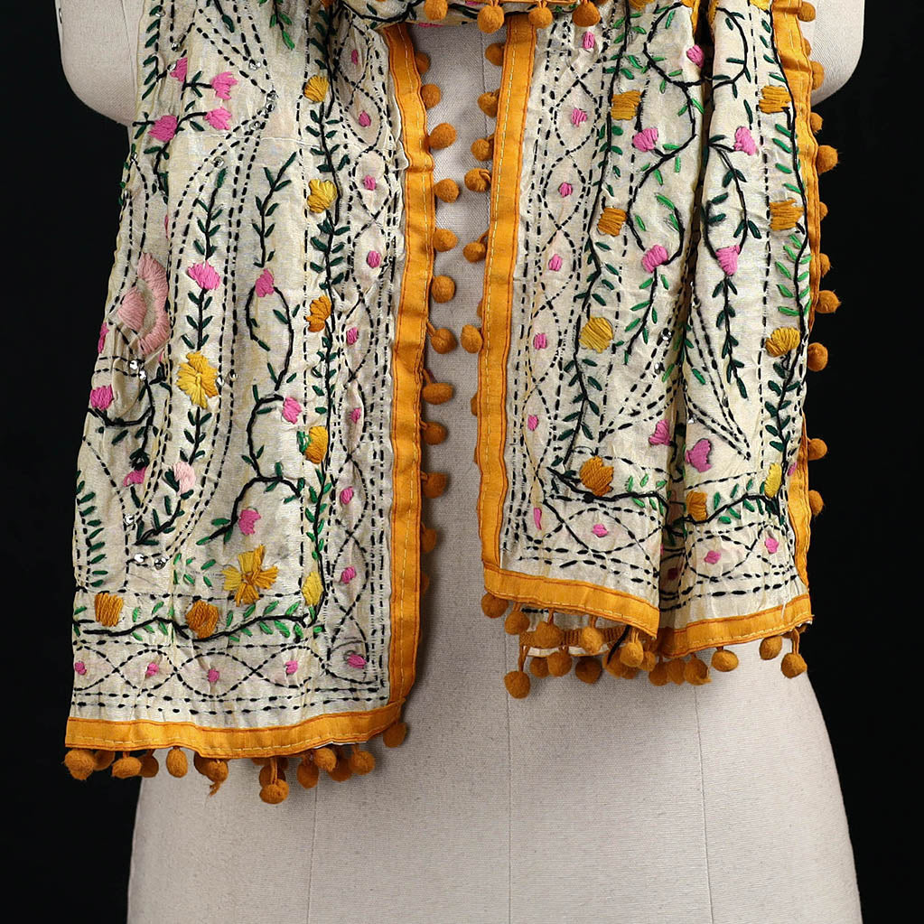 Ranihati Chanderi Silk Hand Embroidered Stole with Pom Pom 205