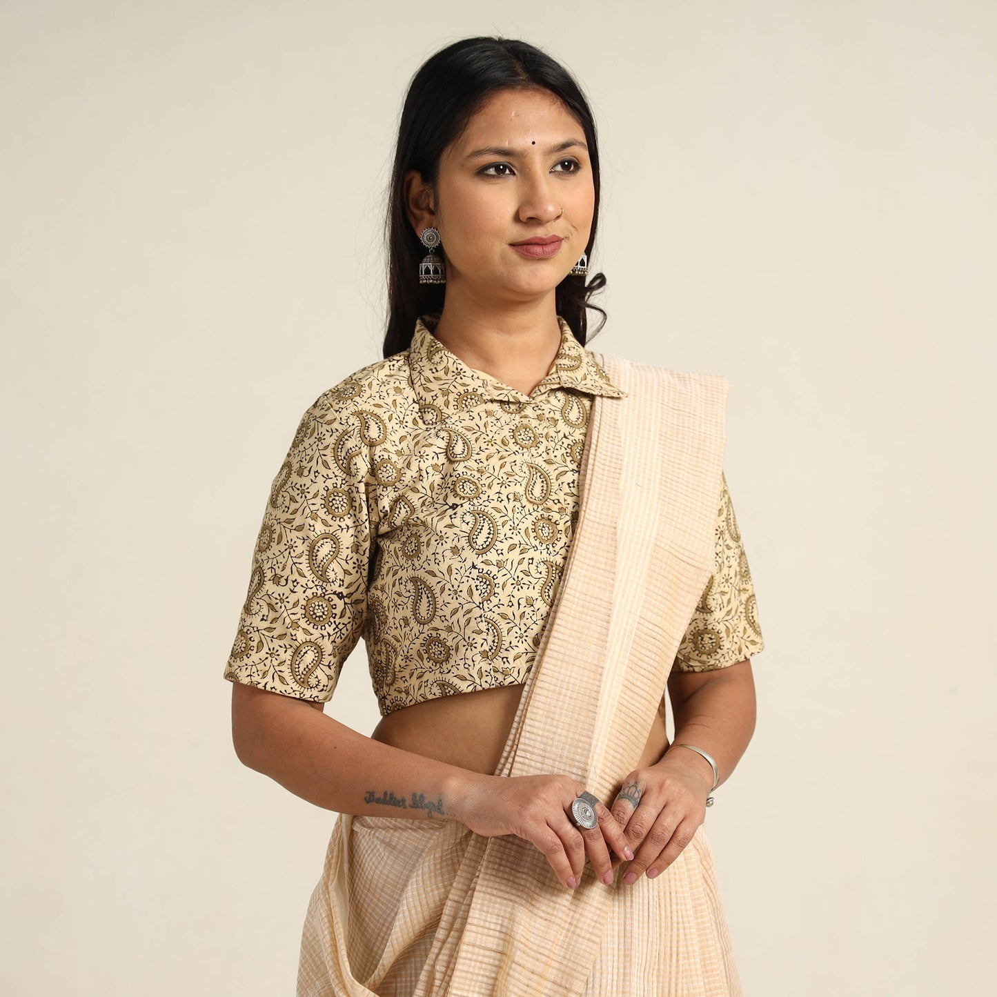Beige - Pedana Kalamkari Block Printed Cotton Stitched Blouse 22
