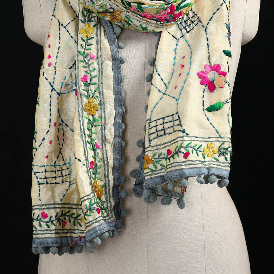 Ranihati Chanderi Silk Hand Embroidered Stole with Pom Pom 206