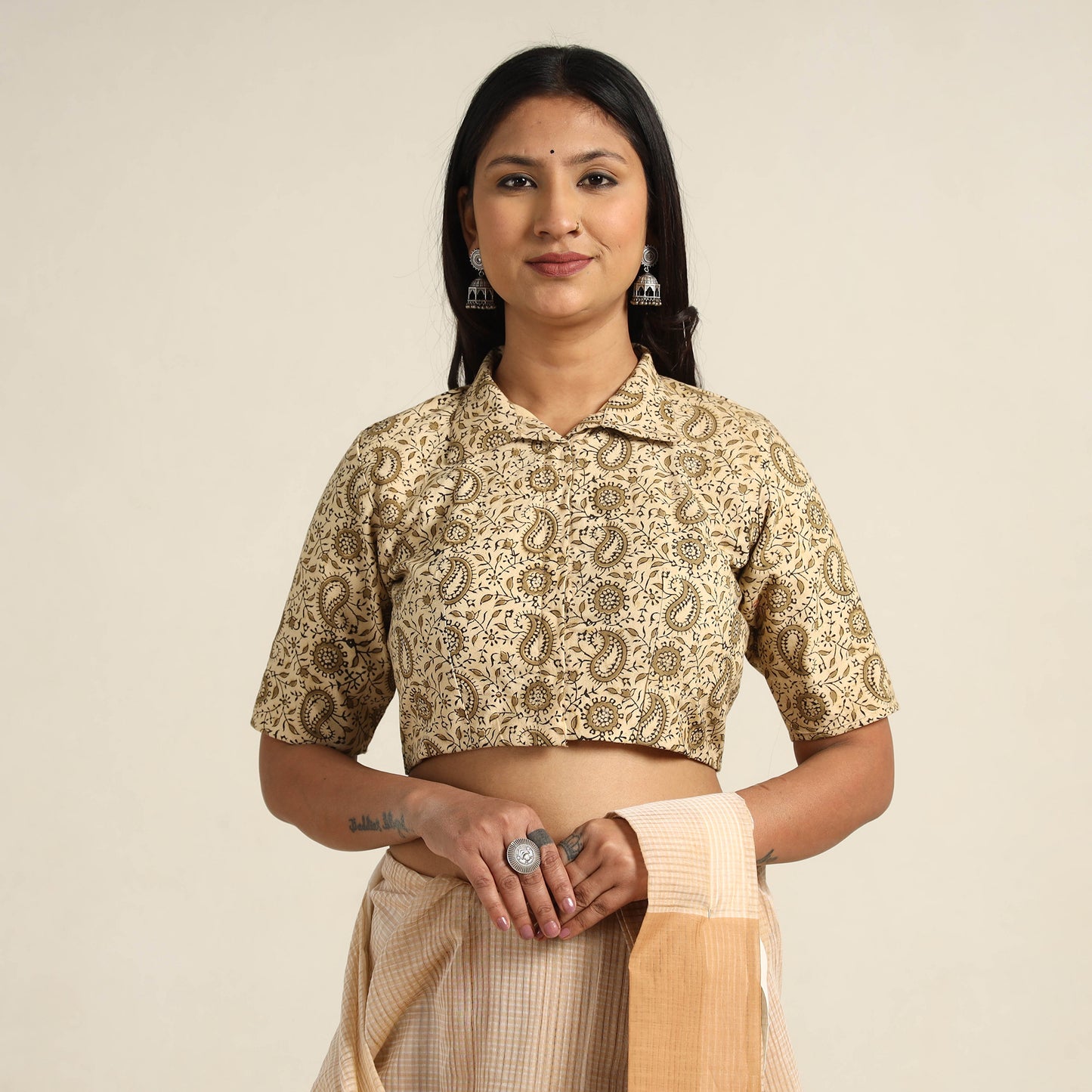 Beige - Pedana Kalamkari Block Printed Cotton Stitched Blouse 22