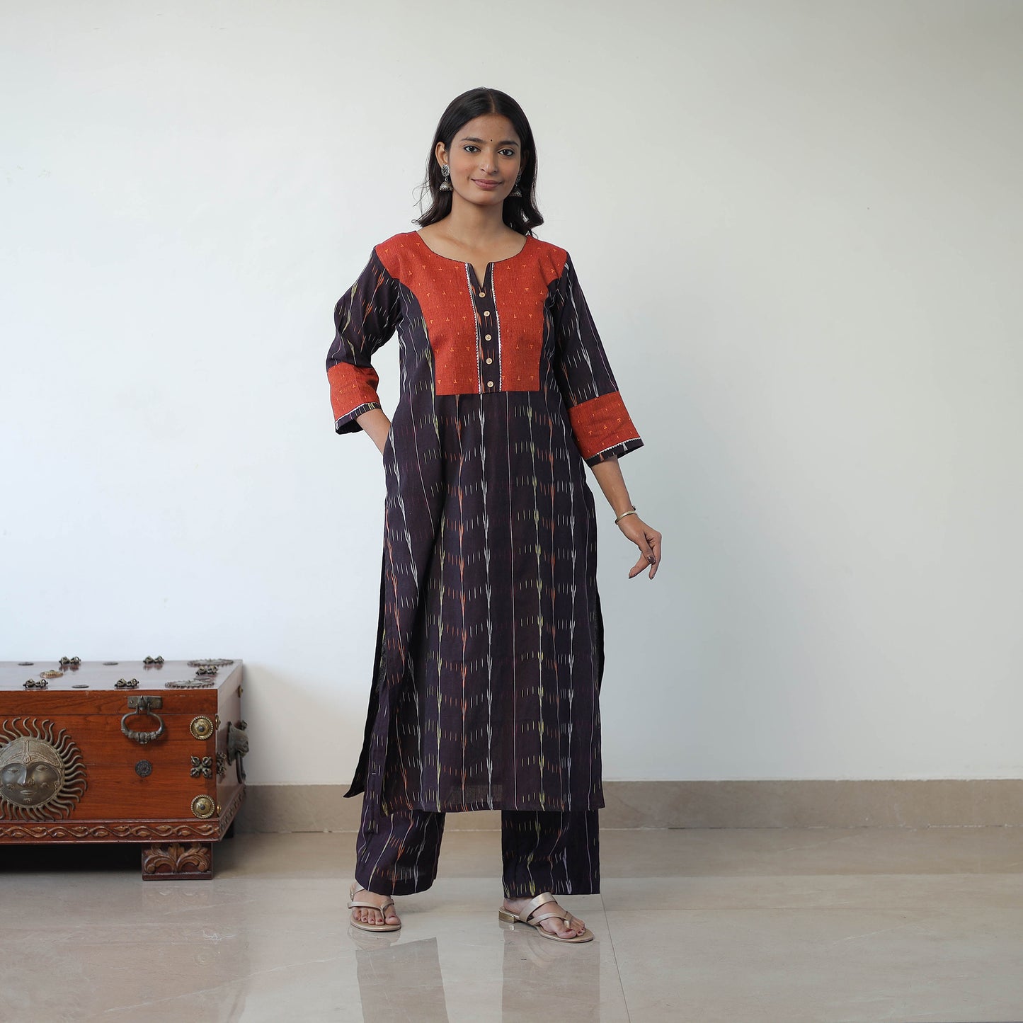 Black Handloom Cotton Pochampally Ikat Kurta Set with Dupatta