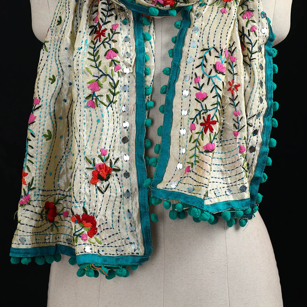 Ranihati Chanderi Silk Hand Embroidered Stole with Pom Pom 207