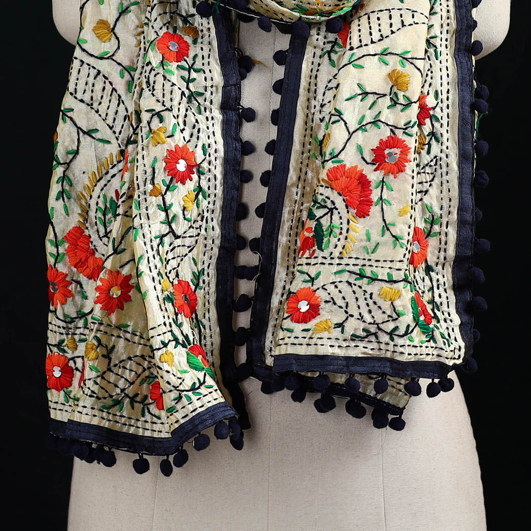 Ranihati Chanderi Silk Hand Embroidered Stole with Pom Pom 208