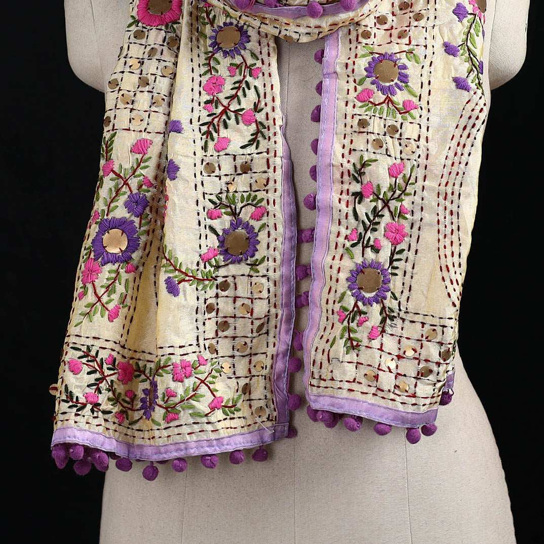 Ranihati Chanderi Silk Hand Embroidered Stole with Pom Pom 209