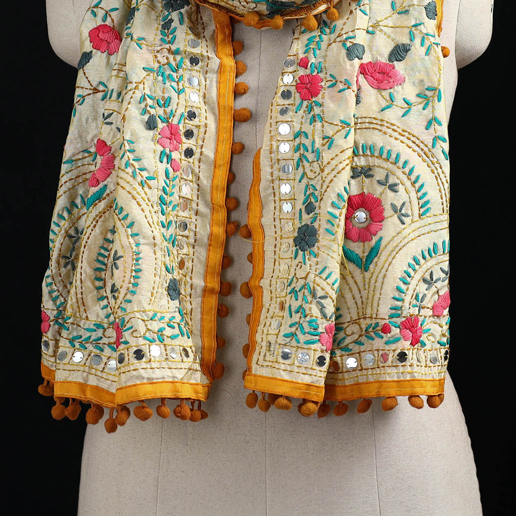 Ranihati Chanderi Silk Hand Embroidered Stole with Pom Pom 210