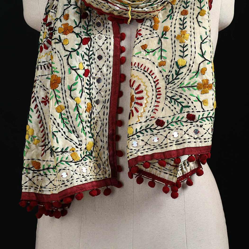 Ranihati Chanderi Silk Hand Embroidered Stole with Pom Pom 246