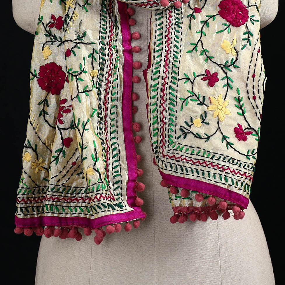 Ranihati Chanderi Silk Hand Embroidered Stole with Pom Pom 211