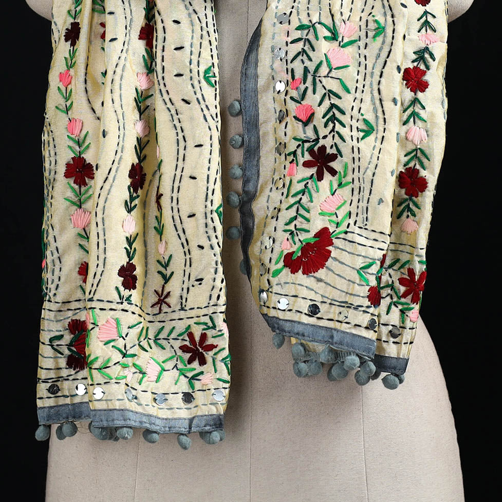 Ranihati Chanderi Silk Hand Embroidered Stole with Pom Pom 212