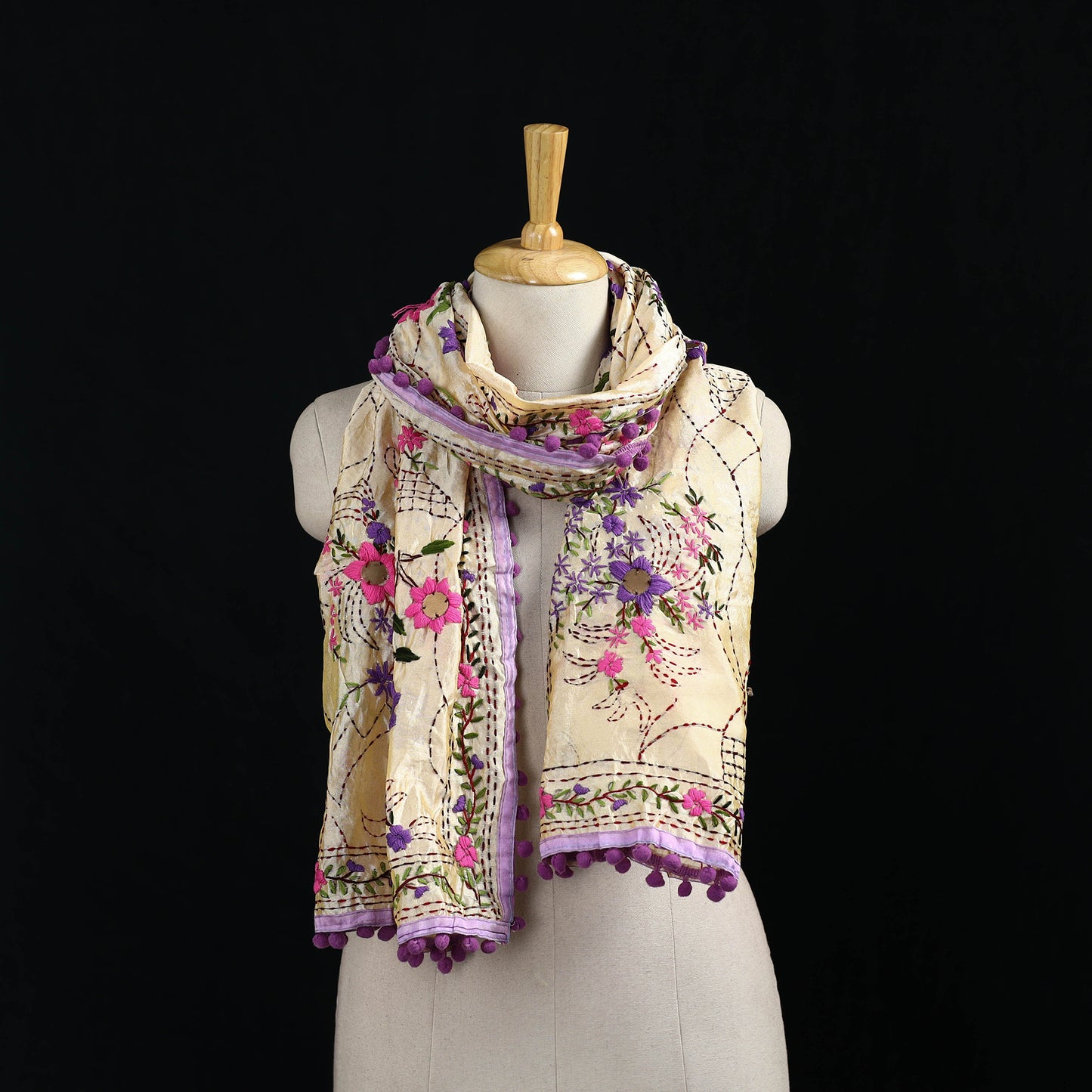 Ranihati Chanderi Silk Hand Embroidered Stole with Pom Pom 213