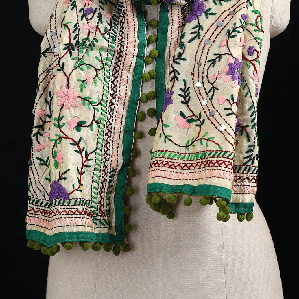 Ranihati Chanderi Silk Hand Embroidered Stole with Pom Pom 215