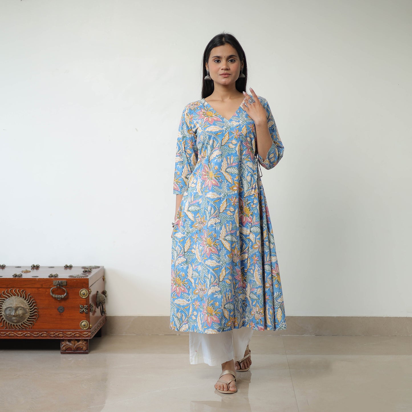 Buy Blue Sanganeri Block Printed Mul Cotton A-Line Kurta for Women