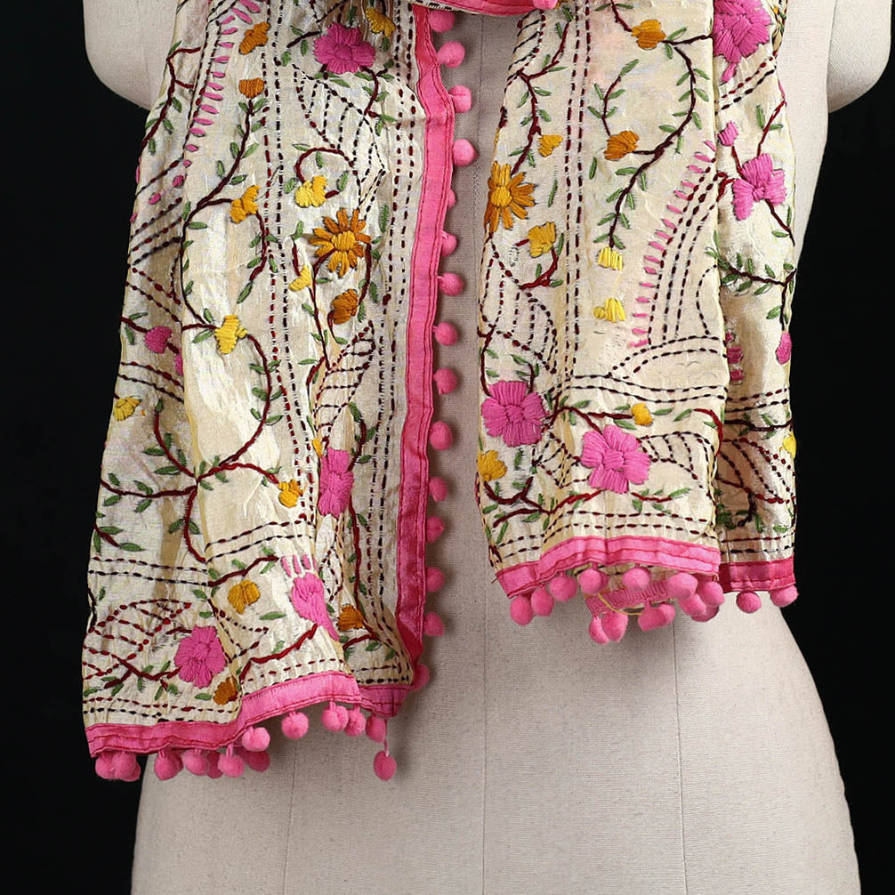 Ranihati Chanderi Silk Hand Embroidered Stole with Pom Pom 216