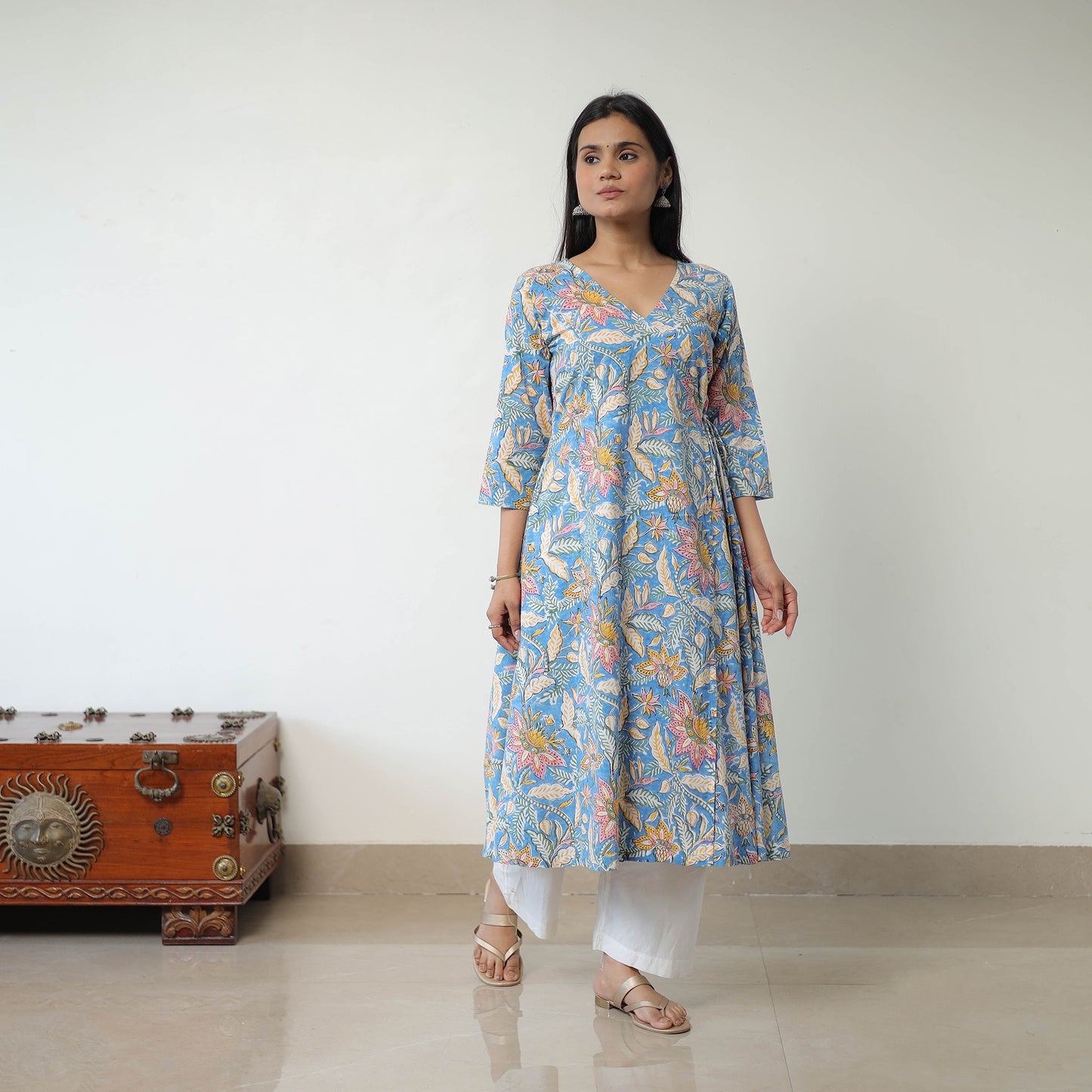 Buy Blue Sanganeri Block Printed Mul Cotton A-Line Kurta for Women