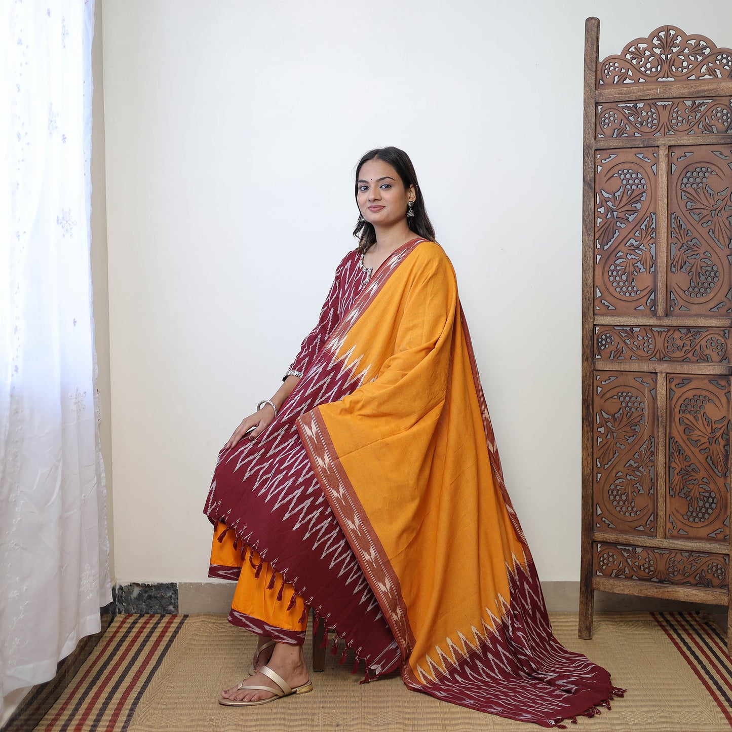 Maroon - Handloom Cotton Pochampally Ikat Kurta Set 19