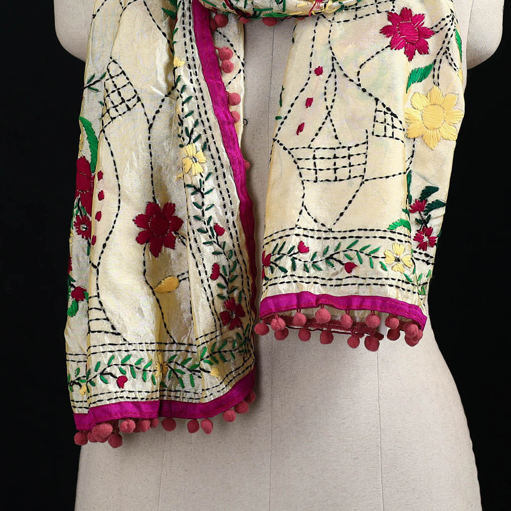 Ranihati Chanderi Silk Hand Embroidered Stole with Pom Pom 217