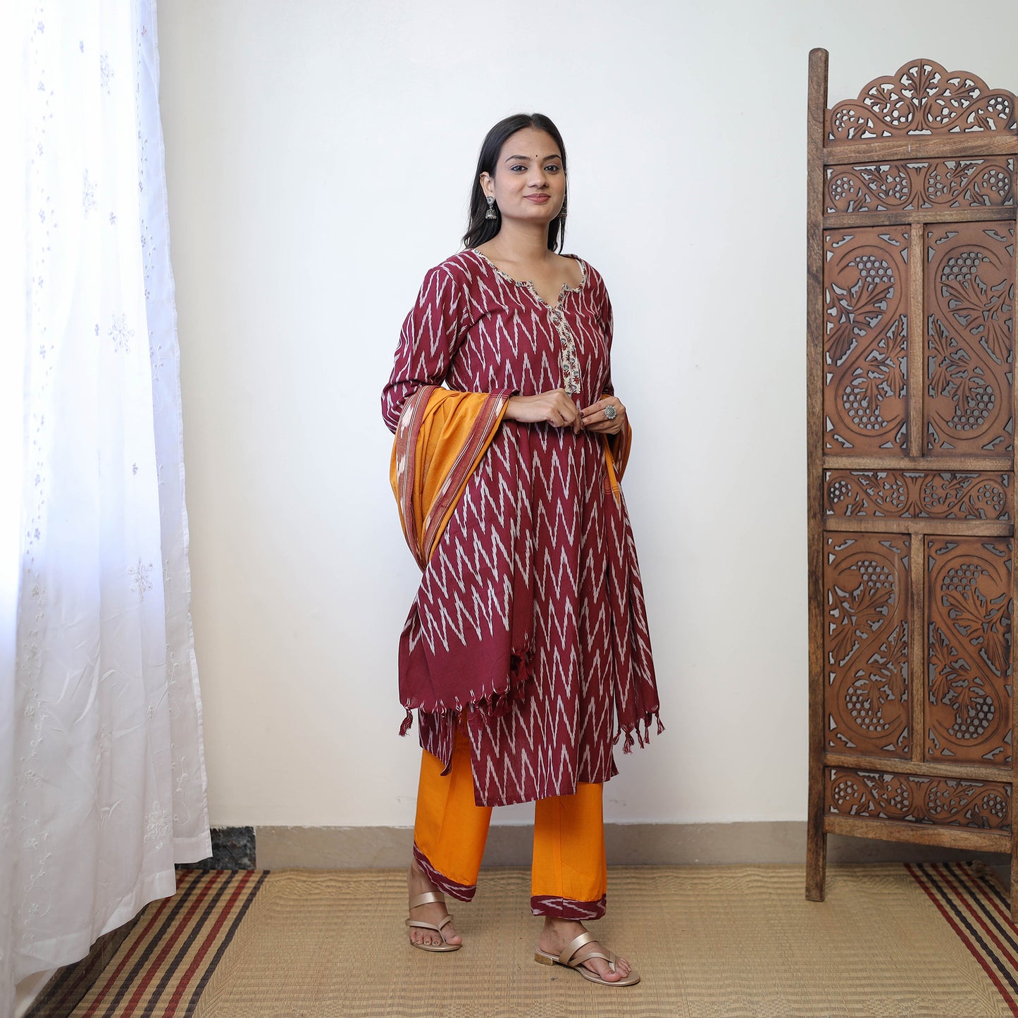 Maroon - Handloom Cotton Pochampally Ikat Kurta Set 19