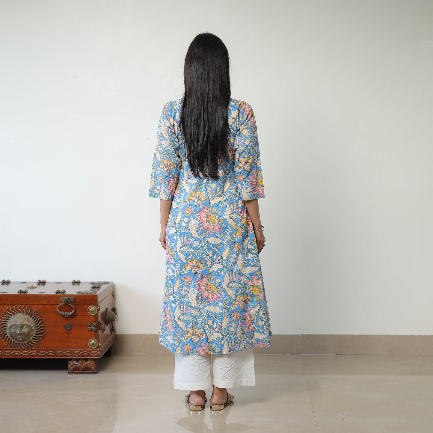 Buy Blue Sanganeri Block Printed Mul Cotton A-Line Kurta for Women