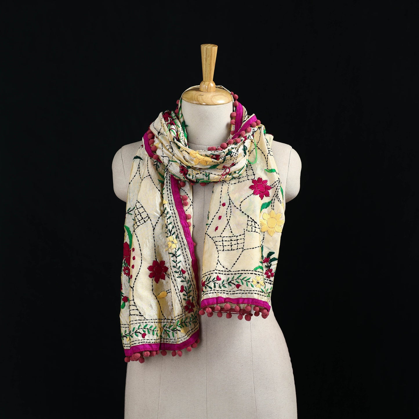 Ranihati Chanderi Silk Hand Embroidered Stole with Pom Pom 217