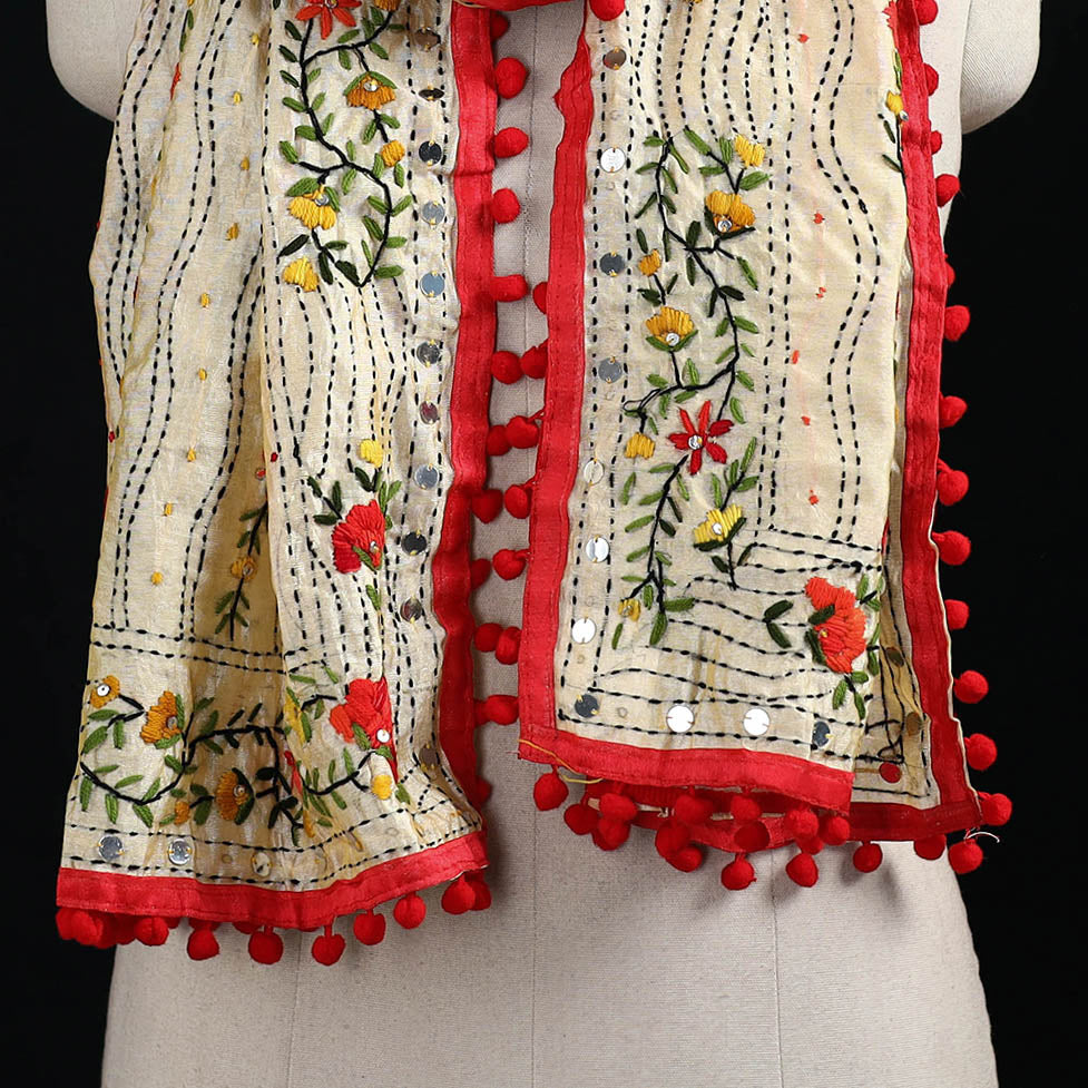 Ranihati Chanderi Silk Hand Embroidered Stole with Pom Pom 218