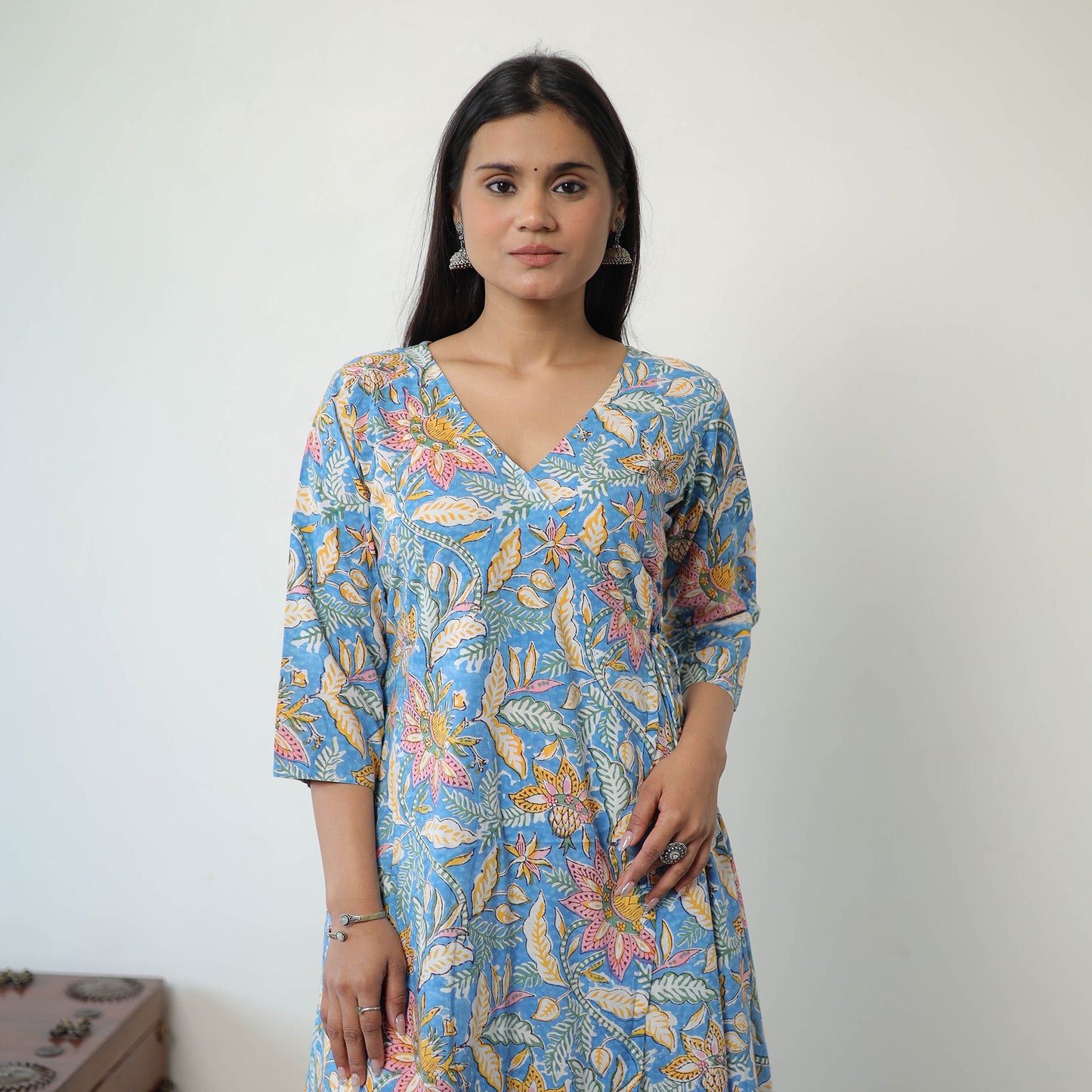 Buy Blue Sanganeri Block Printed Mul Cotton A-Line Kurta for Women