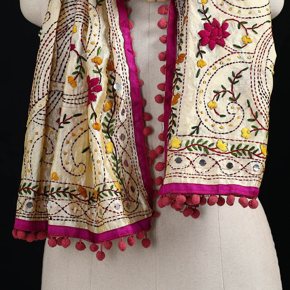 Ranihati Chanderi Silk Hand Embroidered Stole with Pom Pom 219