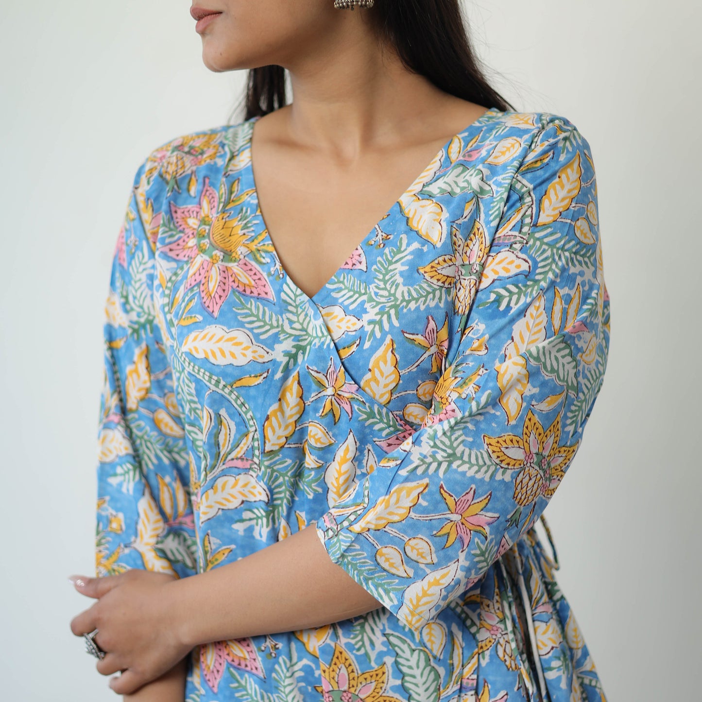 Buy Blue Sanganeri Block Printed Mul Cotton A-Line Kurta for Women