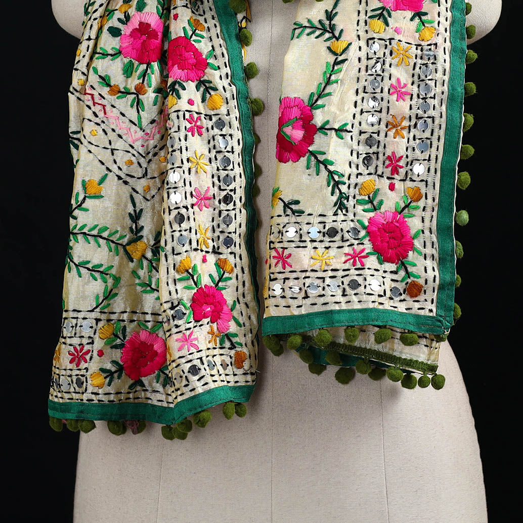 Ranihati Chanderi Silk Hand Embroidered Stole with Pom Pom 220