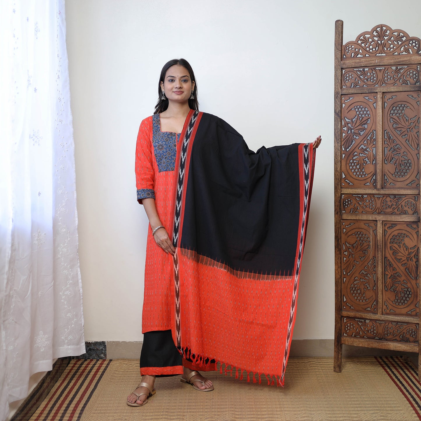 Orange - Handloom Cotton Pochampally Ikat Kurta Set 07