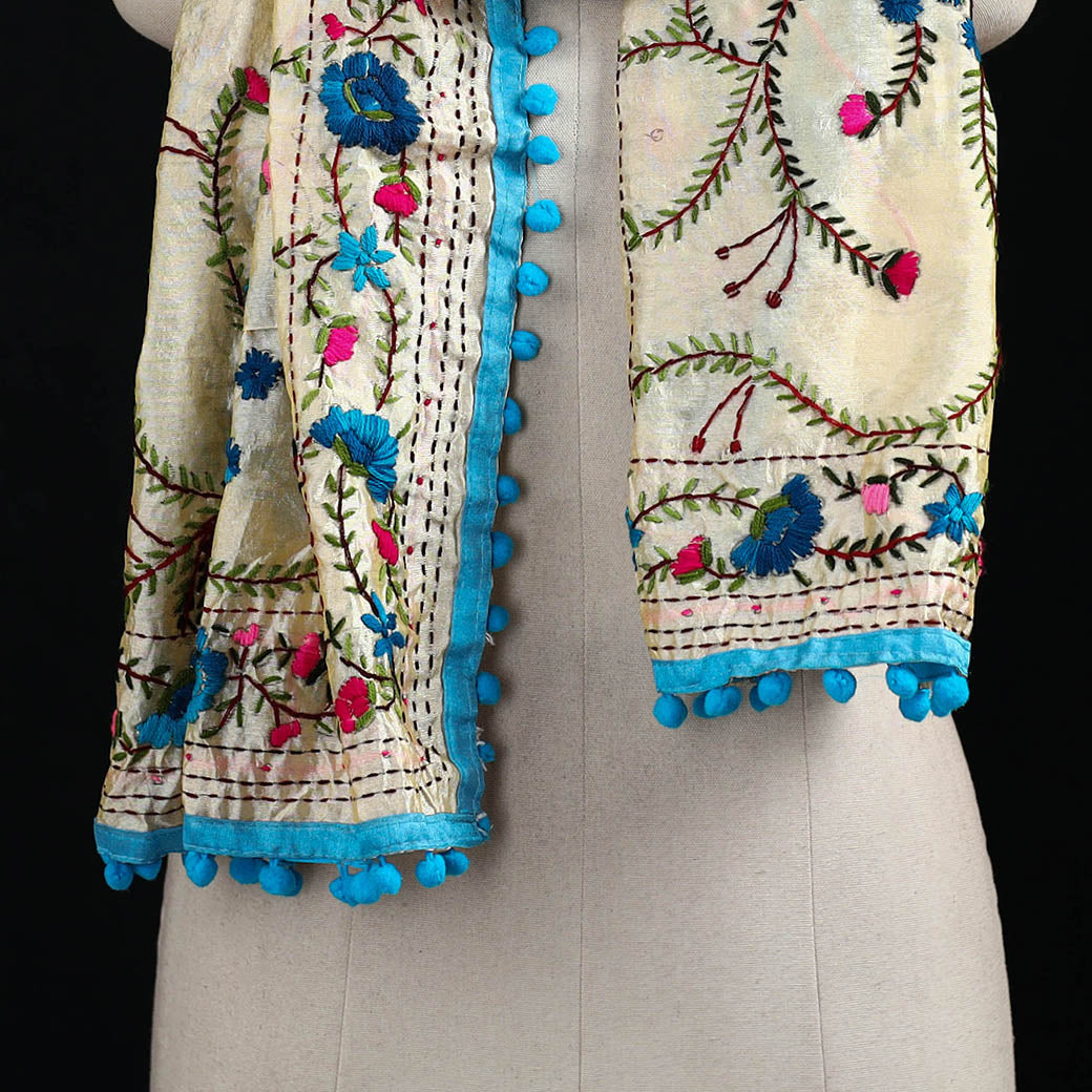 Ranihati Chanderi Silk Hand Embroidered Stole with Pom Pom 222