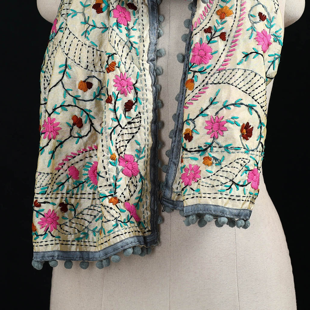 Ranihati Chanderi Silk Hand Embroidered Stole with Pom Pom 223