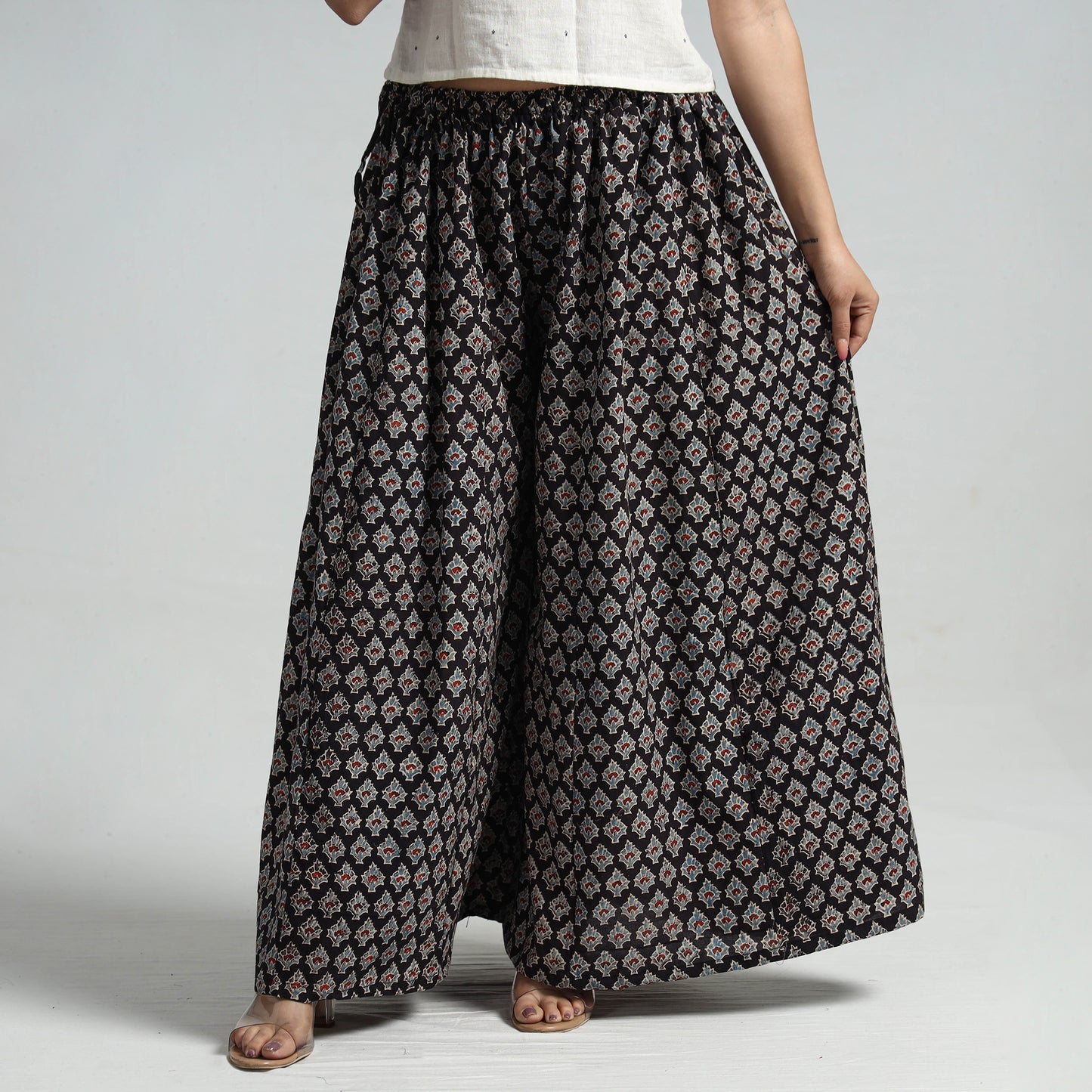 Buy Ajrakh Hand Block Printed Cotton Flared Palazzo Online at iTokri.com
