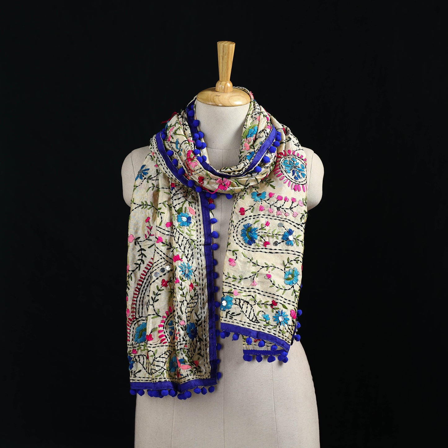 Ranihati Chanderi Silk Hand Embroidered Stole with Pom Pom 224
