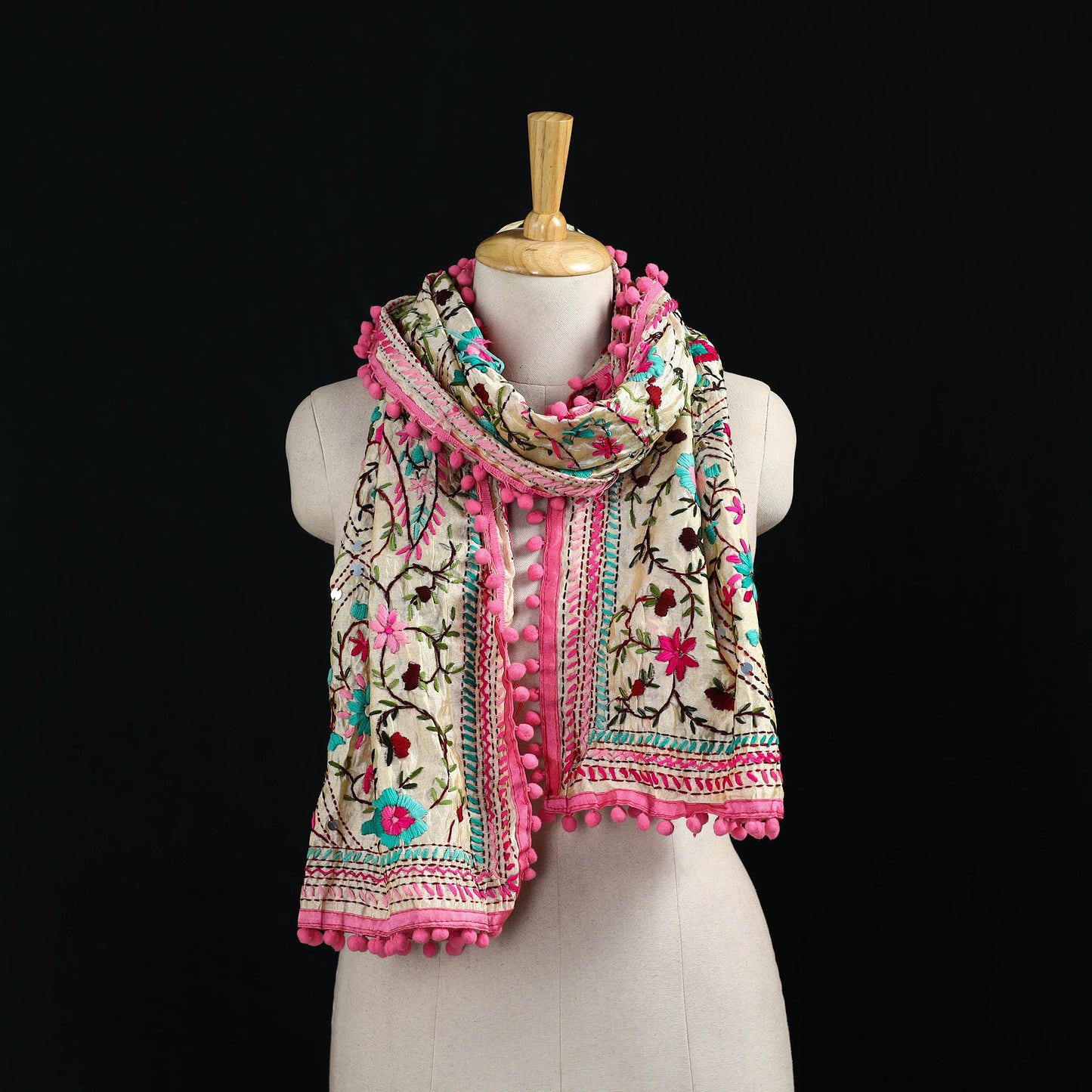 Beige - Ranihati Chanderi Silk Hand Embroidered Stole with Pom Pom 225