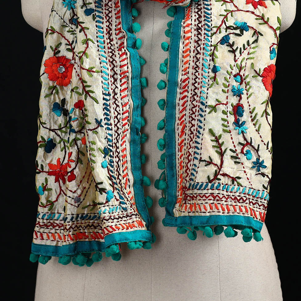 Ranihati Chanderi Silk Hand Embroidered Stole with Pom Pom 226
