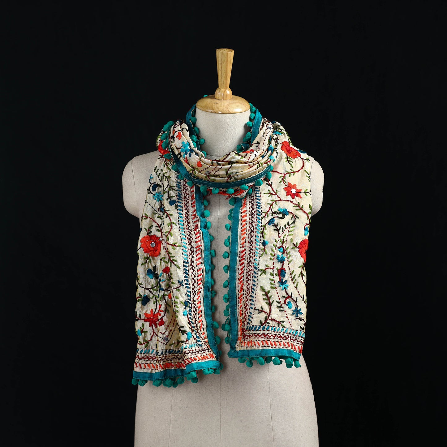 Ranihati Chanderi Silk Hand Embroidered Stole with Pom Pom 226