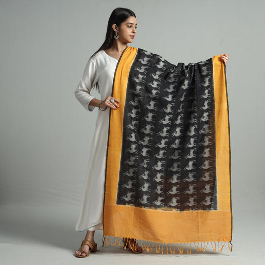Black - Pochampally Ikat Handloom Cotton Dupatta with Tassels 04