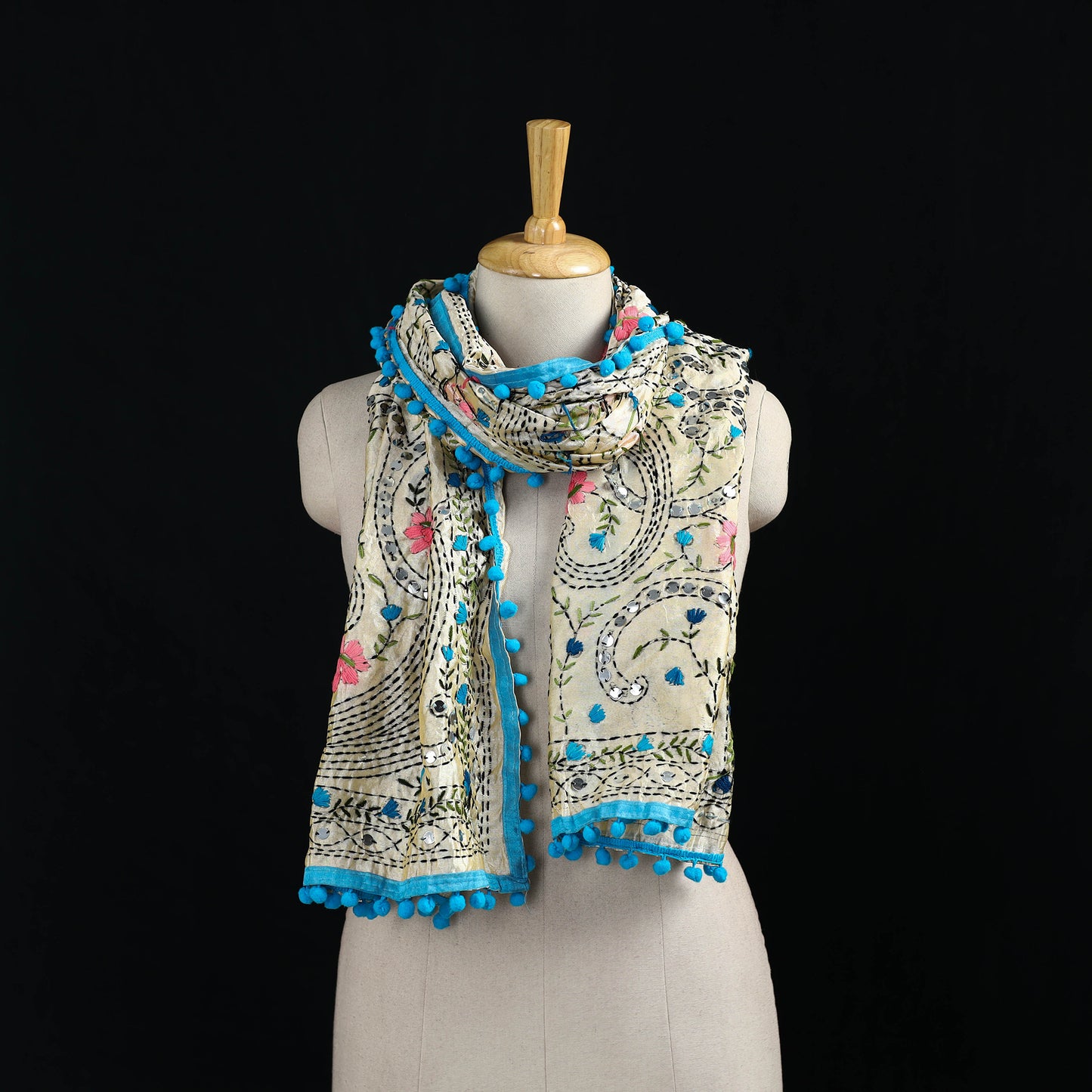 Ranihati Chanderi Silk Hand Embroidered Stole with Pom Pom 227