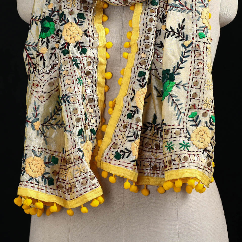 Ranihati Chanderi Silk Hand Embroidered Stole with Pom Pom 229